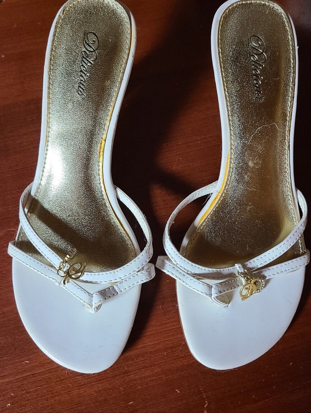 Delicious White and Gold Slip-On Mules with Decorative Charm